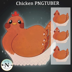 May include: A cartoon chicken with a red comb and wattle, brown feathers, and white scales on its feet. The chicken is in a variety of poses, including a neutral expression, a surprised expression, and a sad expression. The chicken is a PNGtuber, which is a type of animated character that can be used for streaming and other online content.