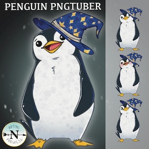 May include: A cartoon penguin wearing a blue and yellow wizard hat with stars. The penguin is standing on a white background with a light blue sky in the background. The penguin is looking to the right.