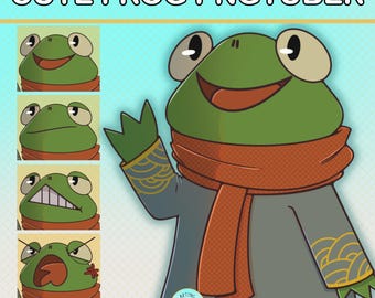 May include: A cartoon illustration of a green frog wearing a gray outfit and an orange scarf. The frog has large eyes and is smiling. The image includes the text "CUTE FROG PNGTUBER" at the top and a logo at the bottom.