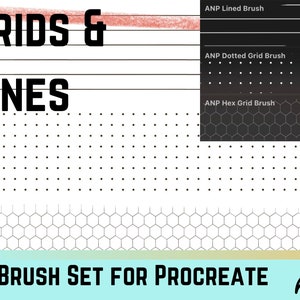 Puede incluir: Un conjunto de pinceles digitales para Procreate con tres estilos de cuadrícula diferentes: líneas, puntos y hexagonales. El conjunto de pinceles está diseñado para crear cuadrículas y líneas para dibujar y esbozar.