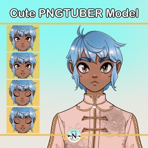 Pode incluir: Ilustração digital de um modelo PNGTUBER fofo com cabelo azul e pele castanha. O modelo usa uma roupa rosa e dourada. A imagem inclui o texto "Cute PNGTUBER Model" no topo e uma série de expressões faciais.