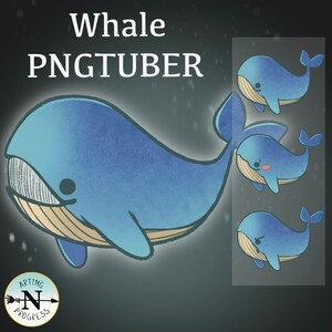 以下が含まれることがあります： 青いクジラの漫画キャラクターで、幸せな表情をしています。クジラは右に泳いでいます。画像には、驚いた表情、舌を出した表情、怒った表情など、異なる表情をしたクジラのキャラクターが3体含まれています。