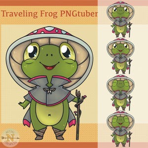 May include: A cartoon frog wearing a gray and pink cloak with a mushroom cap. The frog is holding a stick with a mushroom on top. The frog is green with large eyes and a wide smile. The background is a light yellow and pink.