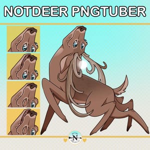 May include: A digital illustration of a brown deer-like creature with large antlers and blue eyes. The image includes smaller deer head illustrations and the text "NOTDEER PNGTUBER". A logo with the text "ARTING IN PROGRESS" is in the bottom right corner.