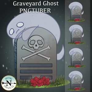 May include: A cartoon ghost is leaning on a grey tombstone with a skull and crossbones design. The tombstone has three blank lines for inscription. Red flowers are at the base of the tombstone. The text "Graveyard Ghost PNGTUBER" is at the top of the image.