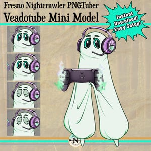 Op de afbeelding: Een digitale illustratie van een stripfiguur, een witte, spookachtige figuur met grote ogen en een headset. Het personage houdt een paarse gamecontroller vast met groene energie-effecten. Tekst luidt "Fresno Nightcrawler PNGTuber Veadotube Mini Model."