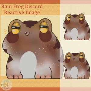May include: A cartoon rain frog with brown and white spots and large yellow eyes. The frog is smiling and has a white belly. The image is a reactive Discord image.