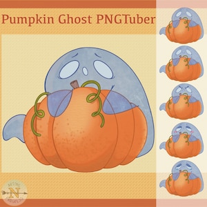 Op de afbeelding: Een blauwe geest met een vriendelijke uitdrukking omhelst een grote oranje pompoen. De geest heeft een wit gezicht met twee zwarte ogen en een kleine mond. De pompoen heeft een groene steel en een paar groene ranken.