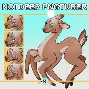 Puede incluir: Ilustración digital de una criatura parecida a un ciervo con múltiples ojos, en tonos marrones y beige. La imagen incluye el texto "NOTDEER PNGTUBER" en la parte superior y una serie de imágenes de perfil más pequeñas de la criatura. El fondo es un degradado de azul claro y amarillo.