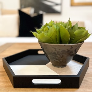 Montecito Home - Modern Farmhouse Hexagon Decorative Wood Tray - Coffee Table Tray - Black - White Serving Tray