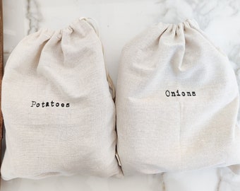 Linen "Potatoes" and "Onions" - 15"x12" Farmhouse Artisan Linen Bags - Natural & Sustainable - Stay Fresher, Longer. Now in Black!