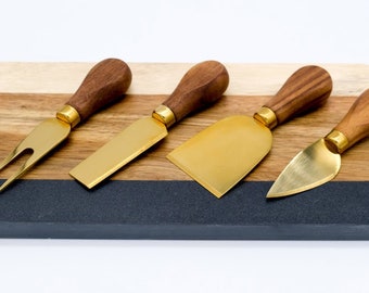 Fast Ship! Black Walnut Handles with Gold Blade Cheese Knife Set of 4 -Mid Century Modern Farmhouse, Charcuterie