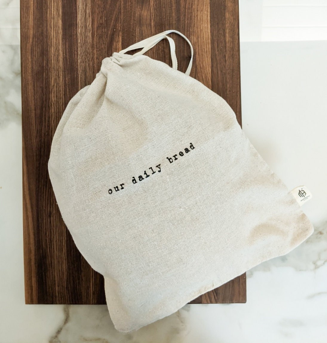 Artisan "Our Daily Bread" 100% Linen Bread Bag with Drawstring - Boule Size or Baguette/French Size, Reusable Farmhouse Bread Bag Set