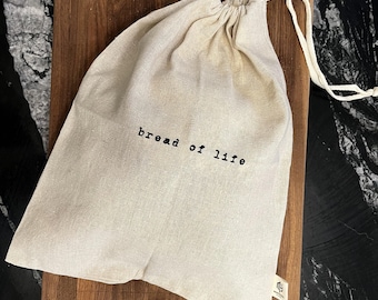 Linen Bread Bag Set – "Bread of Life" Print, Reusable Farmhouse Style