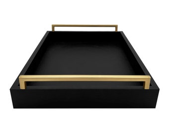 Faux Leather Ottoman Tray, Champagne Gold Handles, Modern Farmhouse Decor