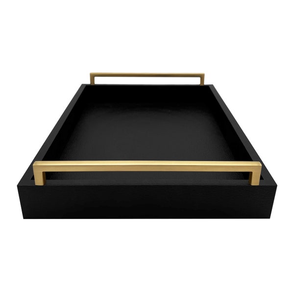 NEW Faux Leather Modern Decorative Coffee Table Tray, Ottoman Tray with Extra Wide Champagne Gold Handles. From Farmhouse to Modern!