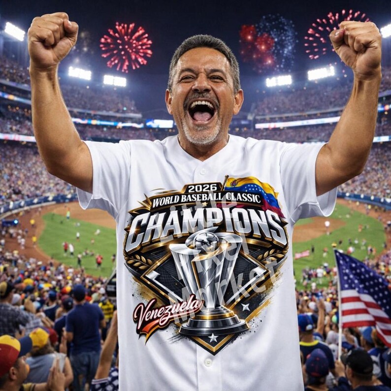 May include: A man wearing a white baseball jersey with the text "2026 World Baseball Classic Champions Venezuela" and a trophy graphic. The man is smiling with his arms raised in celebration, with a baseball stadium and fireworks in the background.
