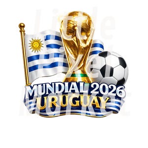 Puede incluir: Ilustración digital con un trofeo dorado, un balón de fútbol y la bandera uruguaya. El texto "MUNDIAL 2026 URUGUAY" se muestra en una pancarta azul y blanca. La imagen está sobre un fondo blanco.