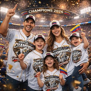 May include: A family wearing baseball jerseys and caps celebrates a victory in a stadium. The jerseys and caps feature the Venezuelan flag and the words "Champions 2026." Confetti falls as they cheer, holding flags.
