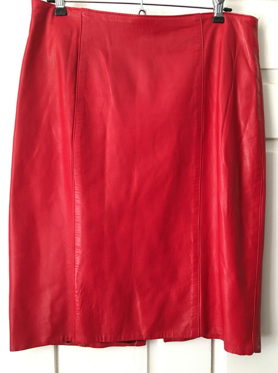 Vintage candy apple red leather pencil skirt