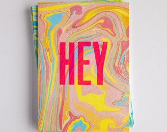 HEY, Carte de vœux typographique faite à la main, Marbrage en papier, Salut