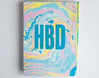 HBD, Handmade Letterpress Greeting Card, Paper Marbling, Happy Birthday