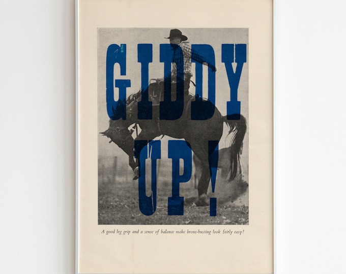 Giddy Up! Vintage Cowboy Print, Letterpress Cowboy Poster, Cowboy Horse Riding Poster, Cowboy Vintage Artwork, Vintage Art Home Décor Print