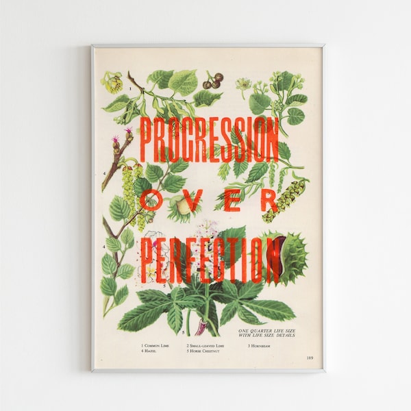 Progression Over Perfection, Plant Illustration Art Print, Letterpress Art Print Poster, Vintage Plants Poster, Botanical Prints Home Decor
