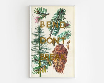 Letterpress Print Poster, Vintage Tree Illustrations, Bend Don't Break