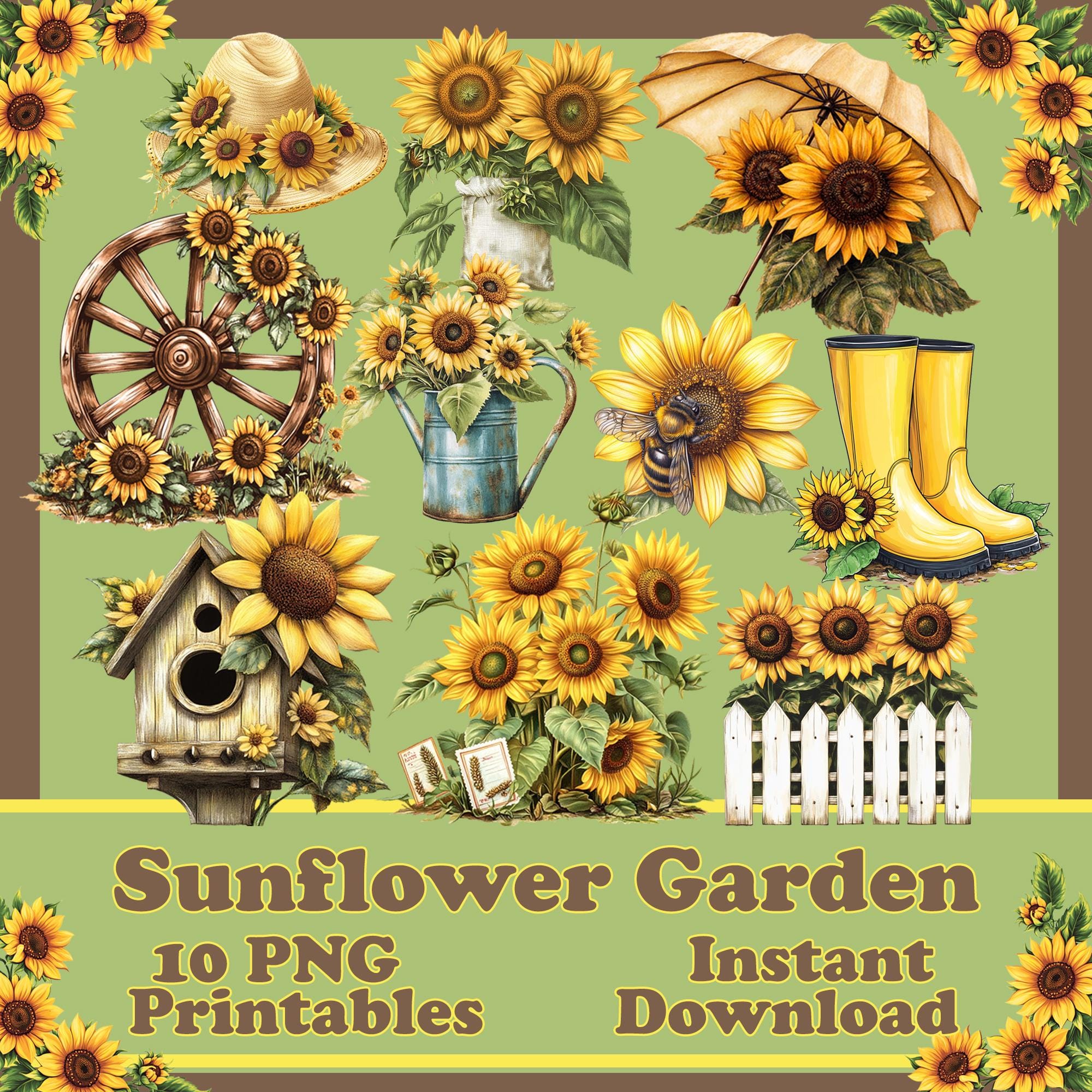 10 Sunflower Garden Printable Images in PNG, Instant Download