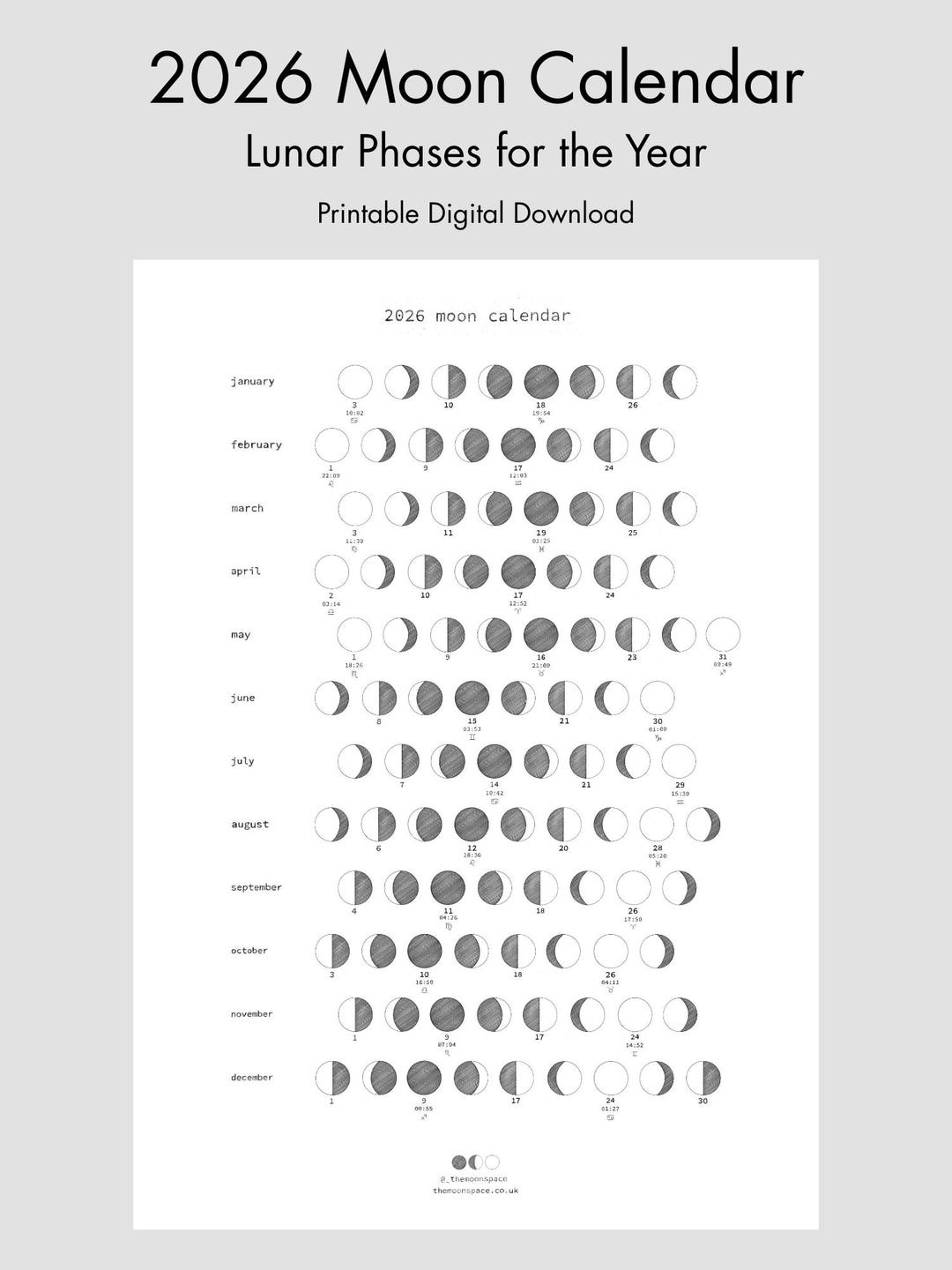 2026 Moon Phase Calendar | Astrology Planner, Lunar Tracker (A4/A3 ...