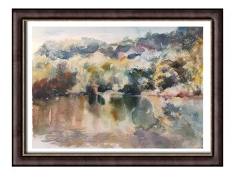 Tuscany Lake Watercolor Painting, Original Italy Landscape Art (10x14)