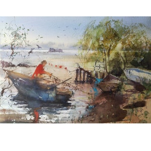 Willow Painting Italie Original Art Lac bolsena Œuvre d’art Bateau Peinture Pêcheur Peinture Voilier Œuvre d’art Aquarelle 10&#39; par 14 » par CupOfArt