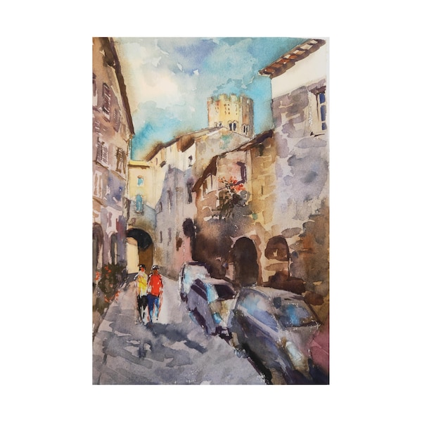 Italie Art mural Aquarelle originale Toscane Peinture Paysage urbain Œuvre d’art au-dessus du canapé Art 16 par 12"par CupOfArtOriginal