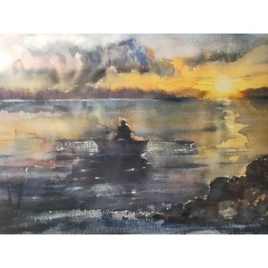 Fisherman Painting California Beach Original Art Boat Painting Saliboat Artwork Seascape Painting Watercolor 11&#39; by 16 &quot; by CupOfArt