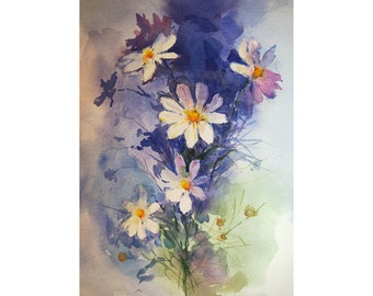 Daisy Painting Flower Original Art Floral Artwork Daisy Artwork Floral Art San Valentine's Day Gift Watercolor 14 by 10" by CupOfArtOriginal