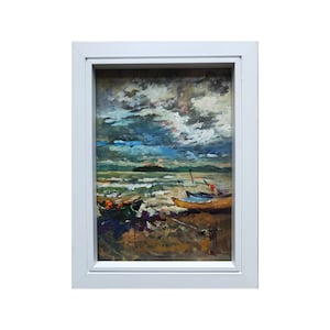 Italie Peinture Bolsena Lac Original Art Bateaux Art Art Plage MurArt Paysage Art Petite Peinture à l’Huile Encadré 8&#39; par 6 » par CupOfArtOriginal