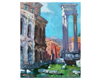 Marcello Theater, Rome Painting, Original Impasto Oil Artwork, 12x9"