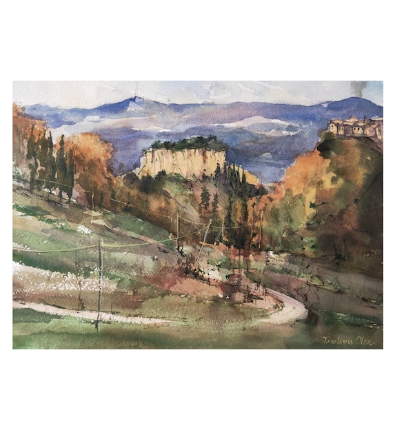 Tuscany Landscape Watercolor Painting, Italy Mountain Artwork (11x15)