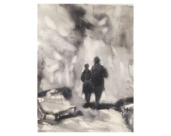 Couple Painting Two Lovers Original Artwork Couple Artwork Snow Painting Black & White Art Landscape Watercolor 12' by 9" by CupOfArt