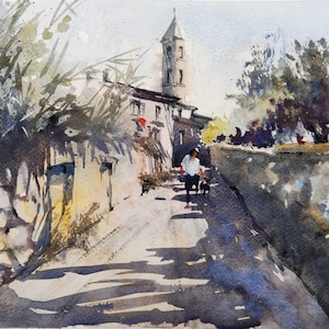 Tuscany Painting Original  Watercolor Italy Wall art Cityscape Artwork Above Sofa Art 10 by 14  by CupOfArtOriginal