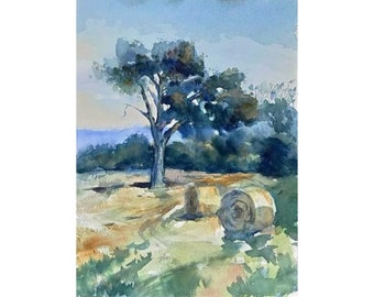 Original Watercolor Pine Tree Landscape Painting, Tuscany Art (12x9)