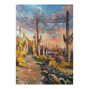 Cactus Painting Arizona Original Art Southwest Desert Wall Art Sedona Painting Canvas  Mountain Landscape Art 16 by 12&quot; by CupOfArtOriginal