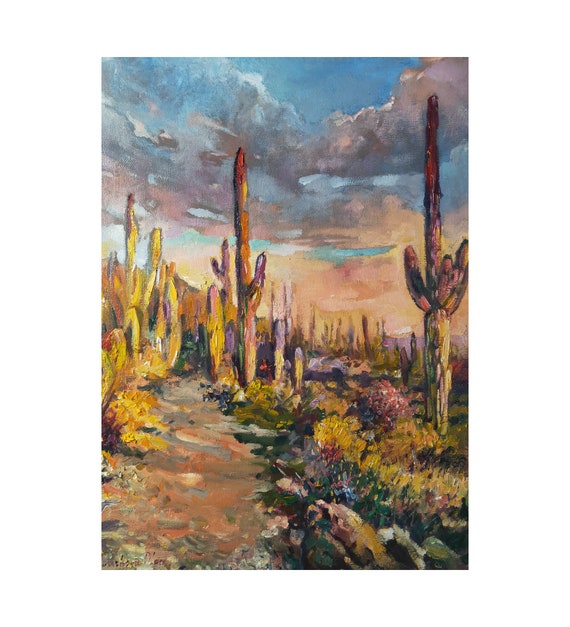 Original Watercolor Cactus top Painting, Colorful Boho Art, Southwest Painting