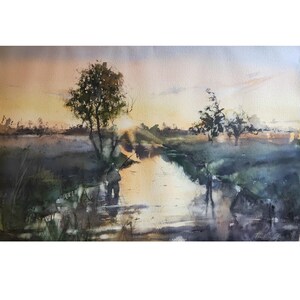 Fisherman Painting Sunset Original Art Fishing Painting River Artwork Lake Painting Trees Artwork  Watercolor 15 by 20&quot; by CupOfArtOriginal