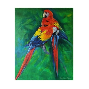Parrot Painting Original Art Couple Painting Ara Parrot Wall Art  Parrot Artwork Bird Art Wild Parrot Painting 20 by 16&quot; by CupOfArtOriginal