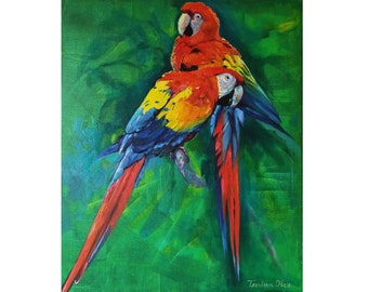 Parrot Painting Original Art Couple Painting Ara Parrot Wall Art Parrot Artwork Bird Art Wild Parrot Peinture 20 par 16 » par CupOfArtOriginal