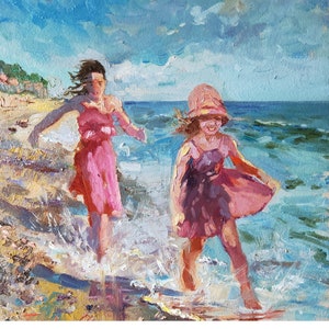 Two Sisters Beach Painting Girls Original Art Kids Beach Artwork Figurative Art Landscape Painting 12 by 12&quot; by CupOfArtOriginal