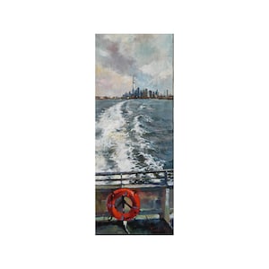 New York Skyline Painting Manhattan Original Art New York Artwork River painting Manhattan Wall Art Boat Art 20 by 8" by CupOfArtOriginal
