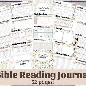 May include: A set of printable Bible Reading Journal pages with floral designs. The pages include calendars, reading trackers, and note sections. The title "Bible Reading Journal" is displayed, along with the text "52 pages!"